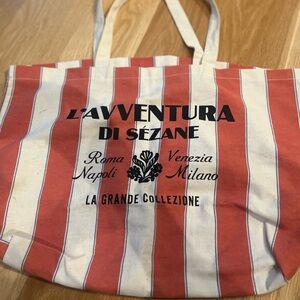 Sezane Coral and White Striped Tote Bag